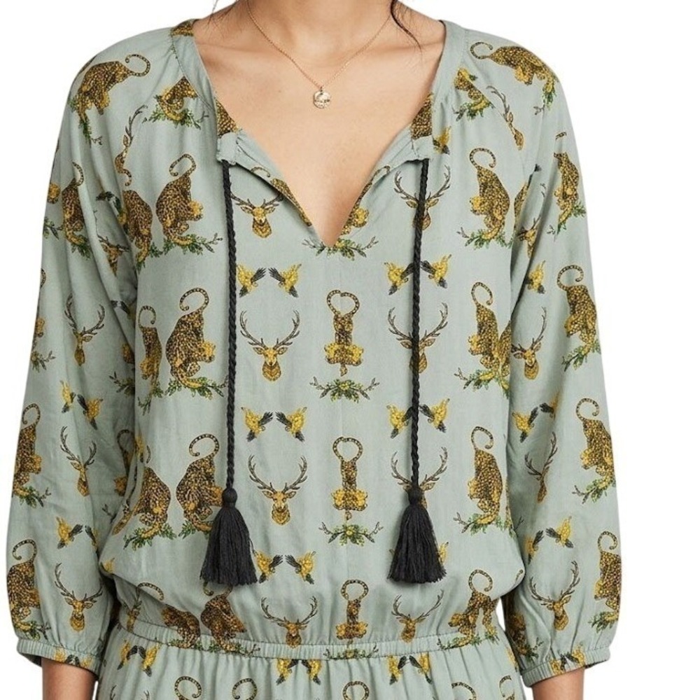 Verandah Boho Mini Dress Tunic Small Sage Green Wildlife Animal Print Tassel‎